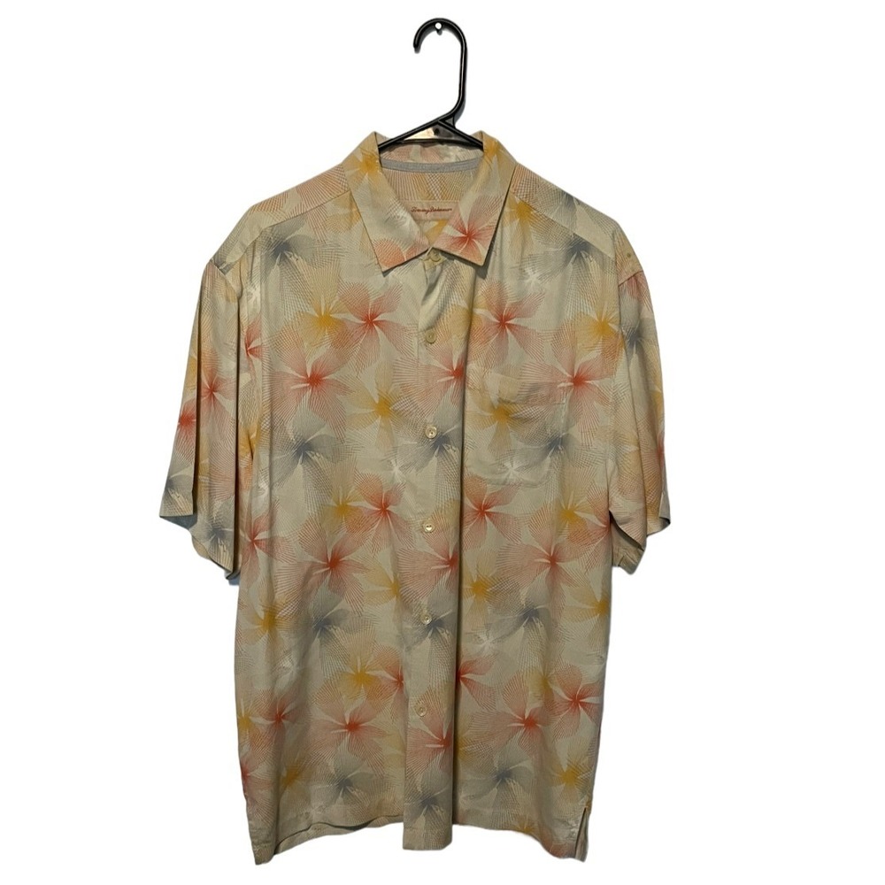 Tommy Bahama Button Down Men Large Cream Orange Silk Floral Starburst Camp Shirt